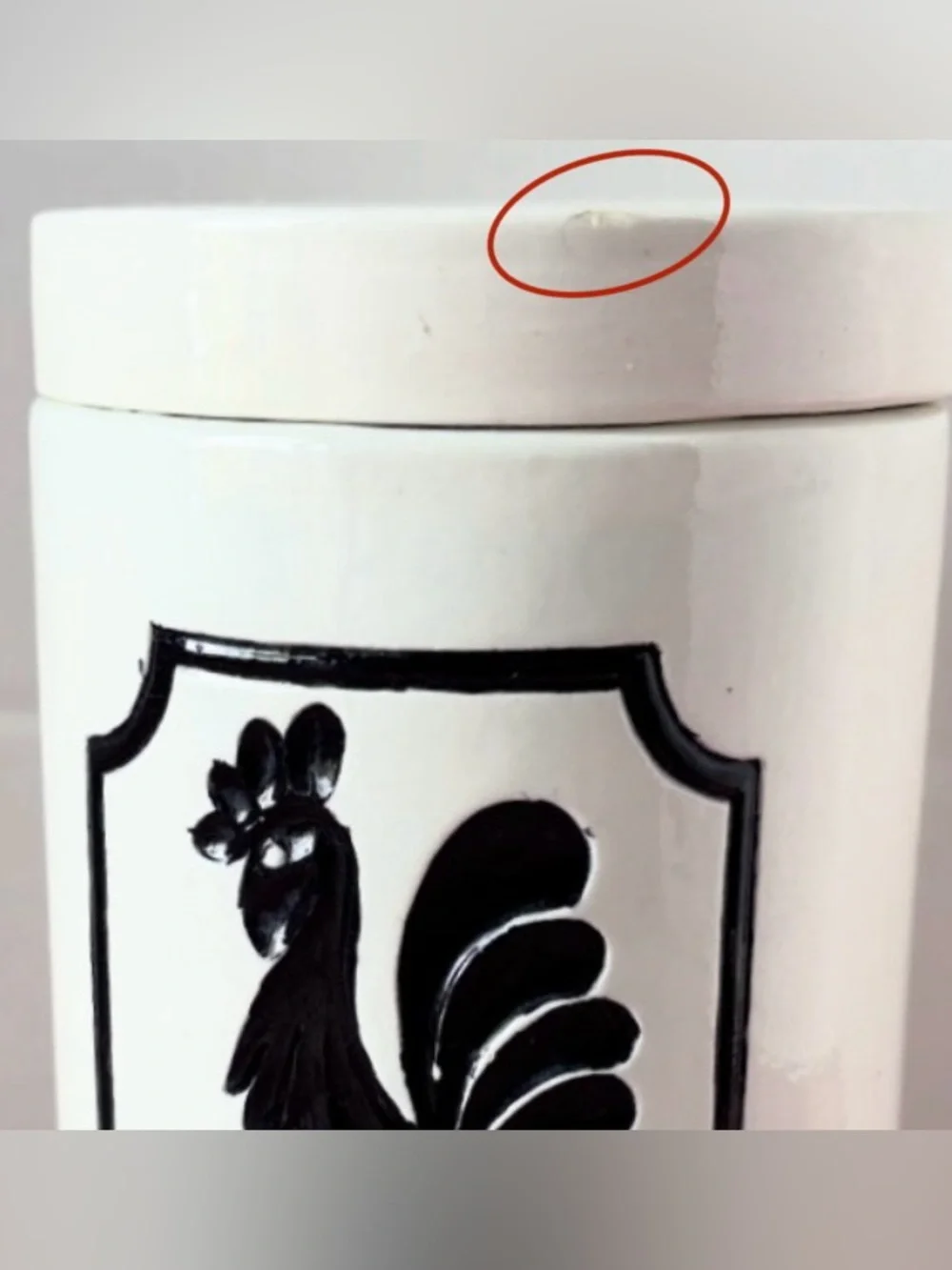 Vintage White and Black Ceramic Rooster Kitchen Canister Jar with Lid READ